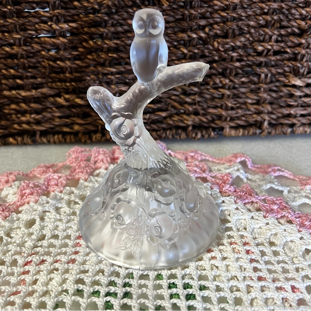 Fenton Art Glass Crystal Satin Owl on Branch Jewelry Ring Tree